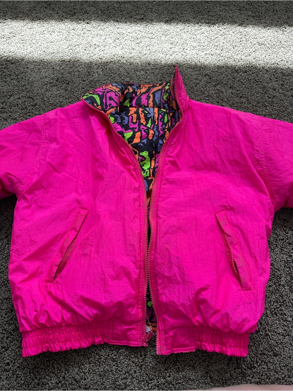 Hanging Loose Vintage Puffer Jacket Reversible, Neon Pink XL